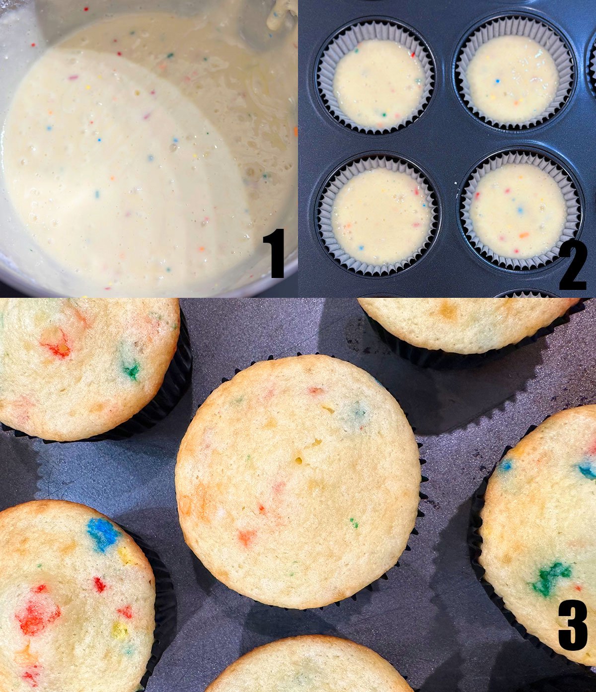 Collage Image With Step By Step Process Shots on How to Make Funfetti Cupcakes. 