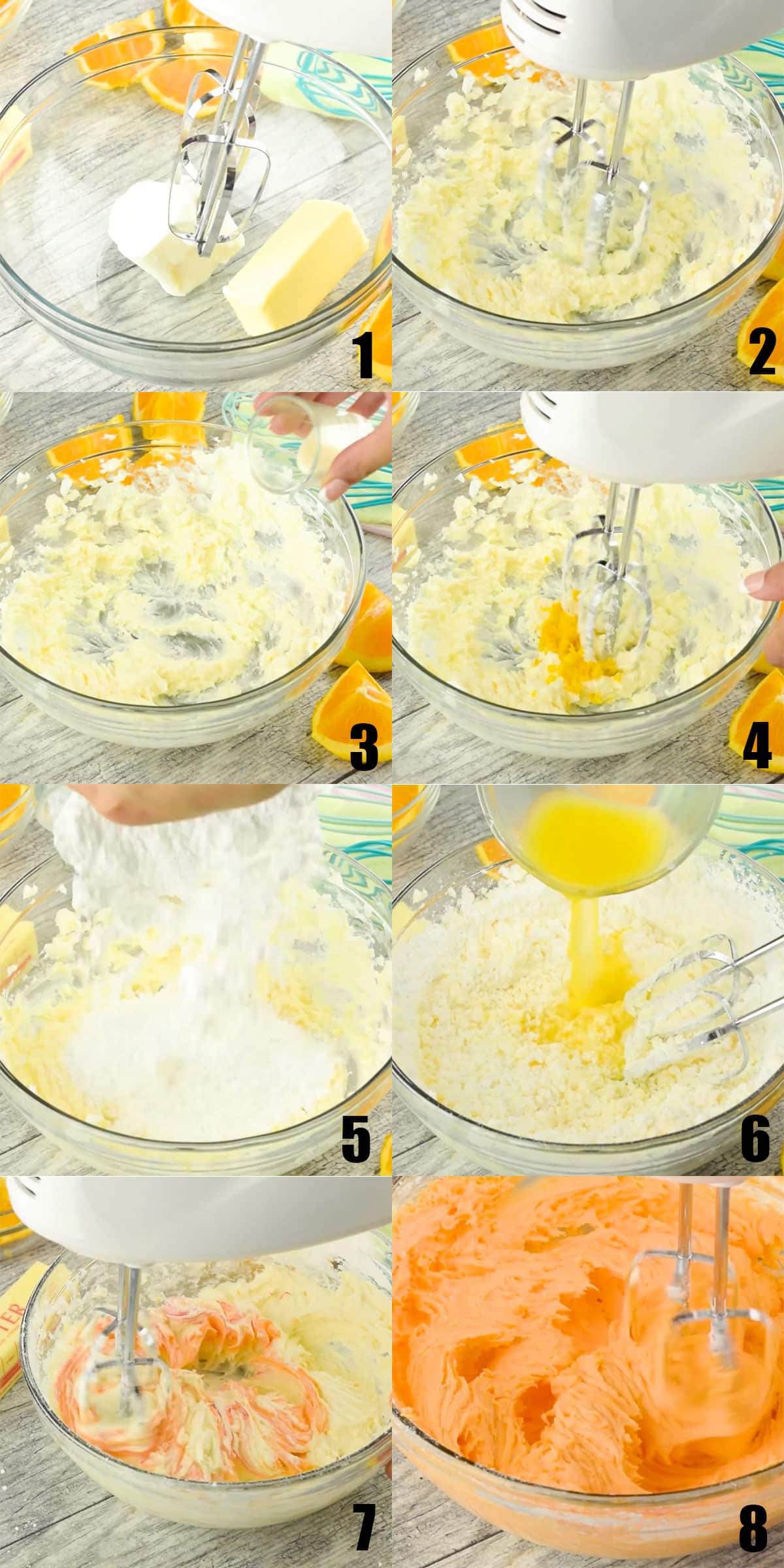 Collage Image With Step by Step Process Shots on How to Make Orange Buttercream Frosting. 