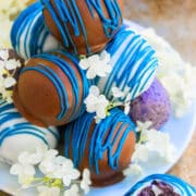 Stack of Easy Chocolate Blueberry Truffles on White Dish.