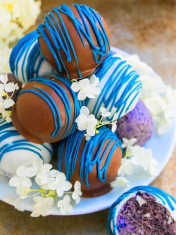 Stack of Easy Chocolate Blueberry Truffles on White Dish.