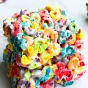 Stack of Easy Cereal Bars With Rainbow Froot Loops.