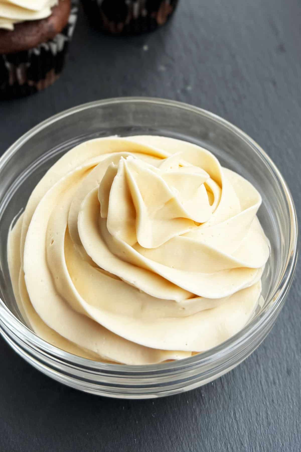 Easy Honey Frosting With Cream Cheese and No Powdered Sugar in Glass Bowl. 