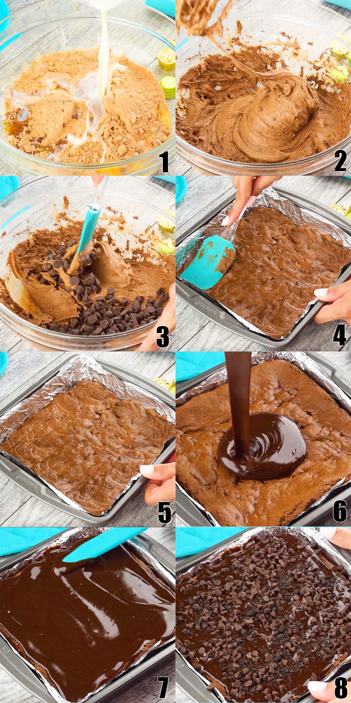 Collage Image With Step by Step Process Shots on How to Make Cake Mix Box Brownies.