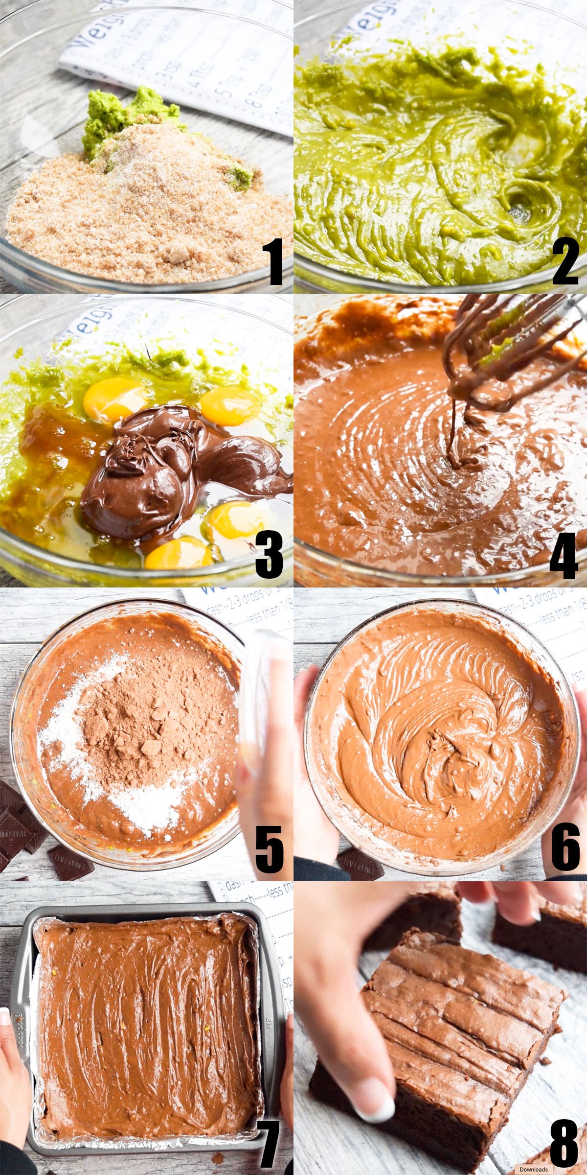 Collage Image With Step by Step Process Shots on How to Make Easy Healthy Brownies With Avocados. 