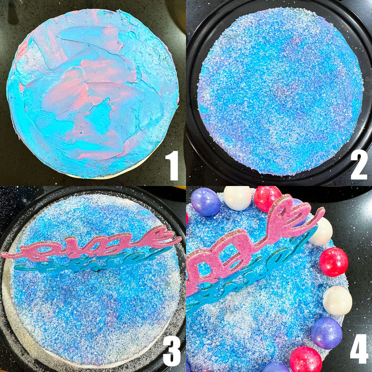 Collage Image With Step by Step Process Shots on How to Make Gender Reveal Cake. 