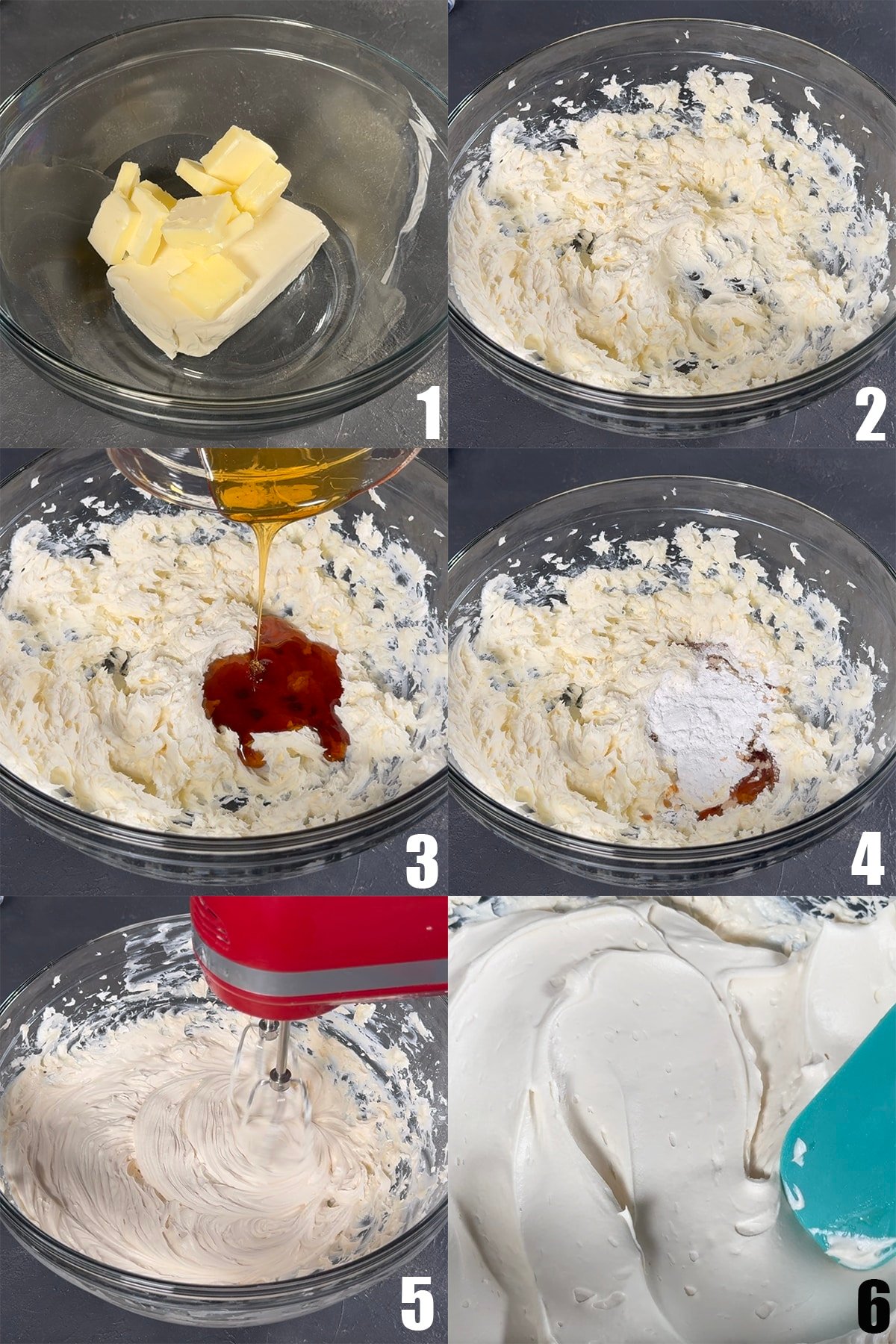 Collage Image With Step by Step Process Shots on How to Make Honey Cream Cheese Frosting. 