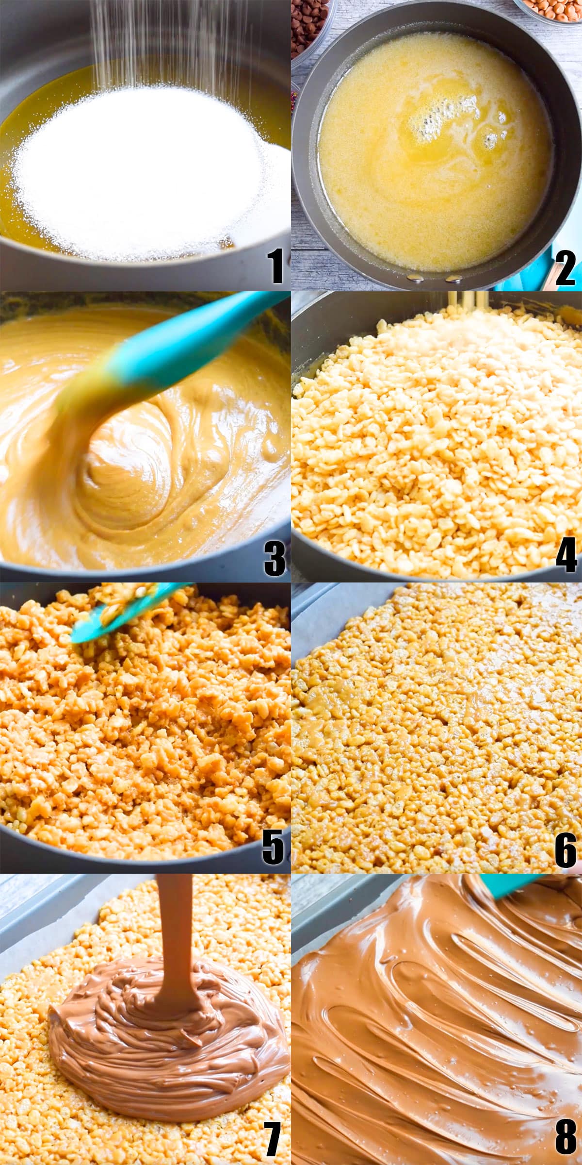 Collage Image With Step by Step Process Shots on How to Make Butterscotch Chocolate Scotcheroos Bars. 