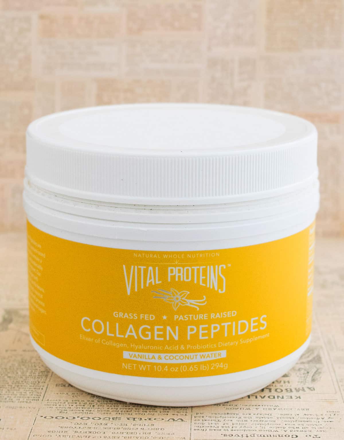 Container of Vital Proteins Vanilla Coconut Collagen Peptides. 