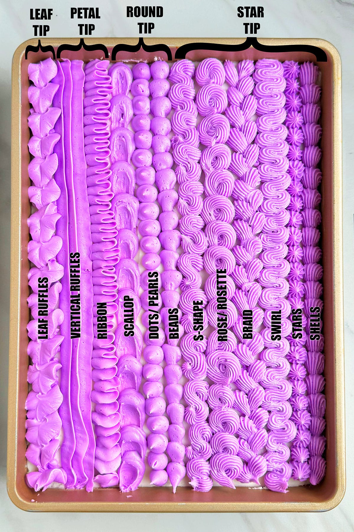 How to Pipe Cake Borders With Buttercream Image of Various Designs and Labels. 