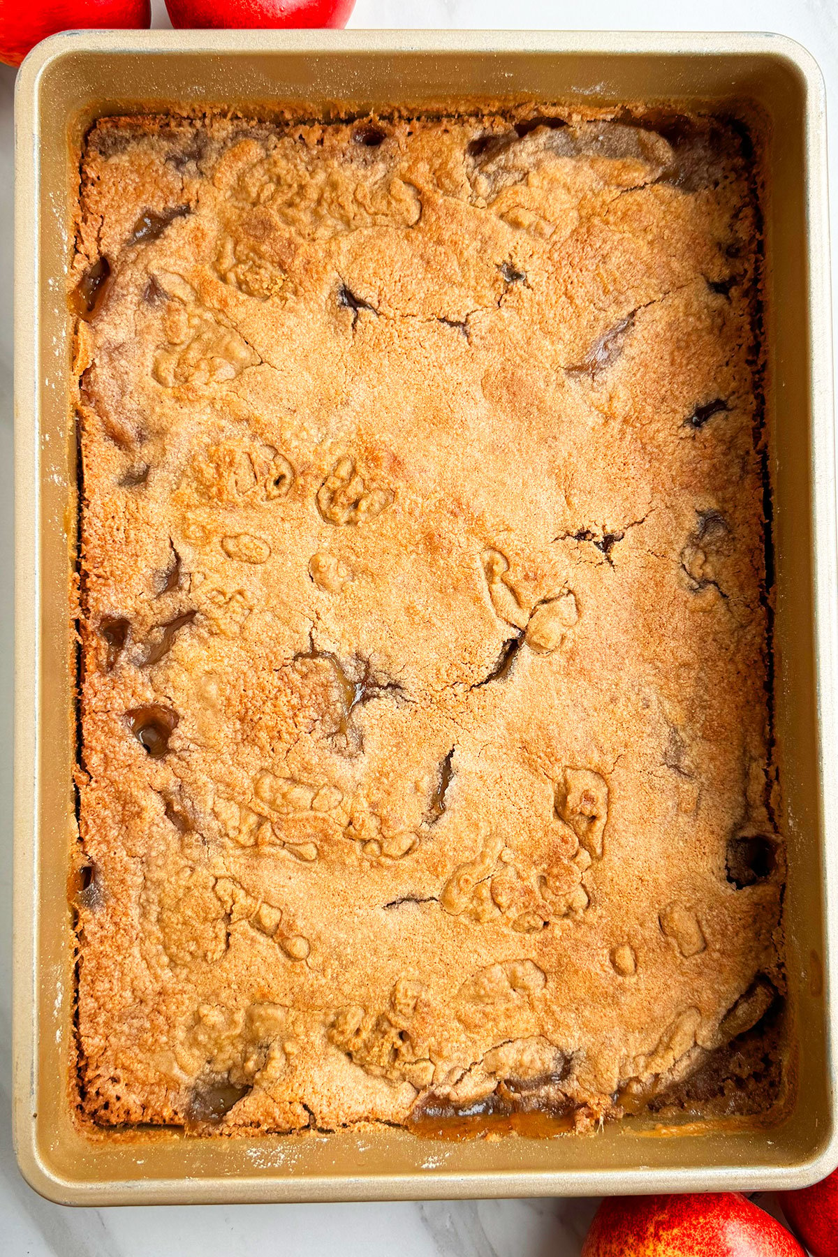 Spiced Apple Cobbler Cake in Rectangle Baking Dish. 