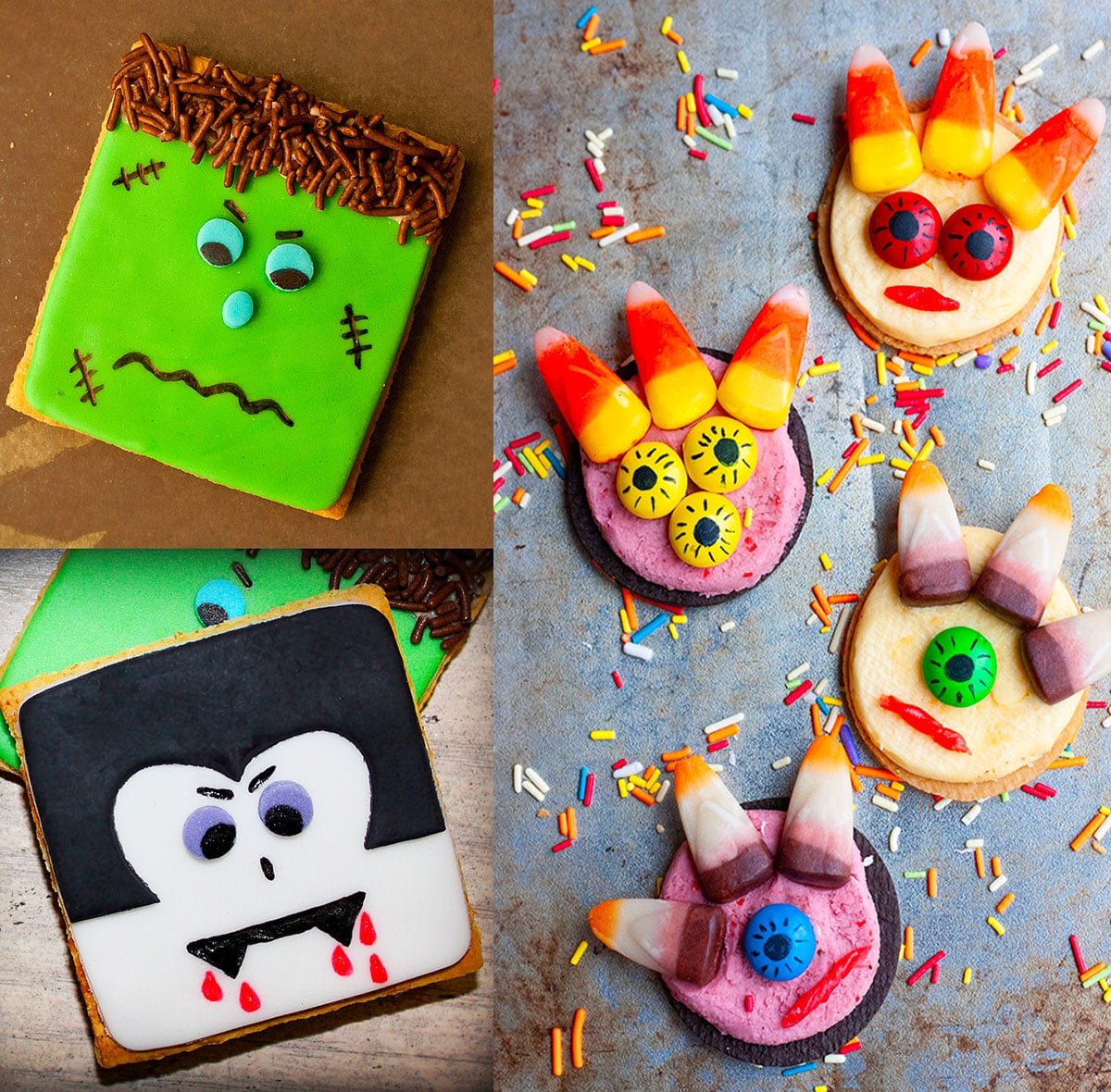 Collage Image of Easy Halloween Cookies (Frankenstein, Dracula Vampire, Monster) Made With Oreos and Graham Crackers. 