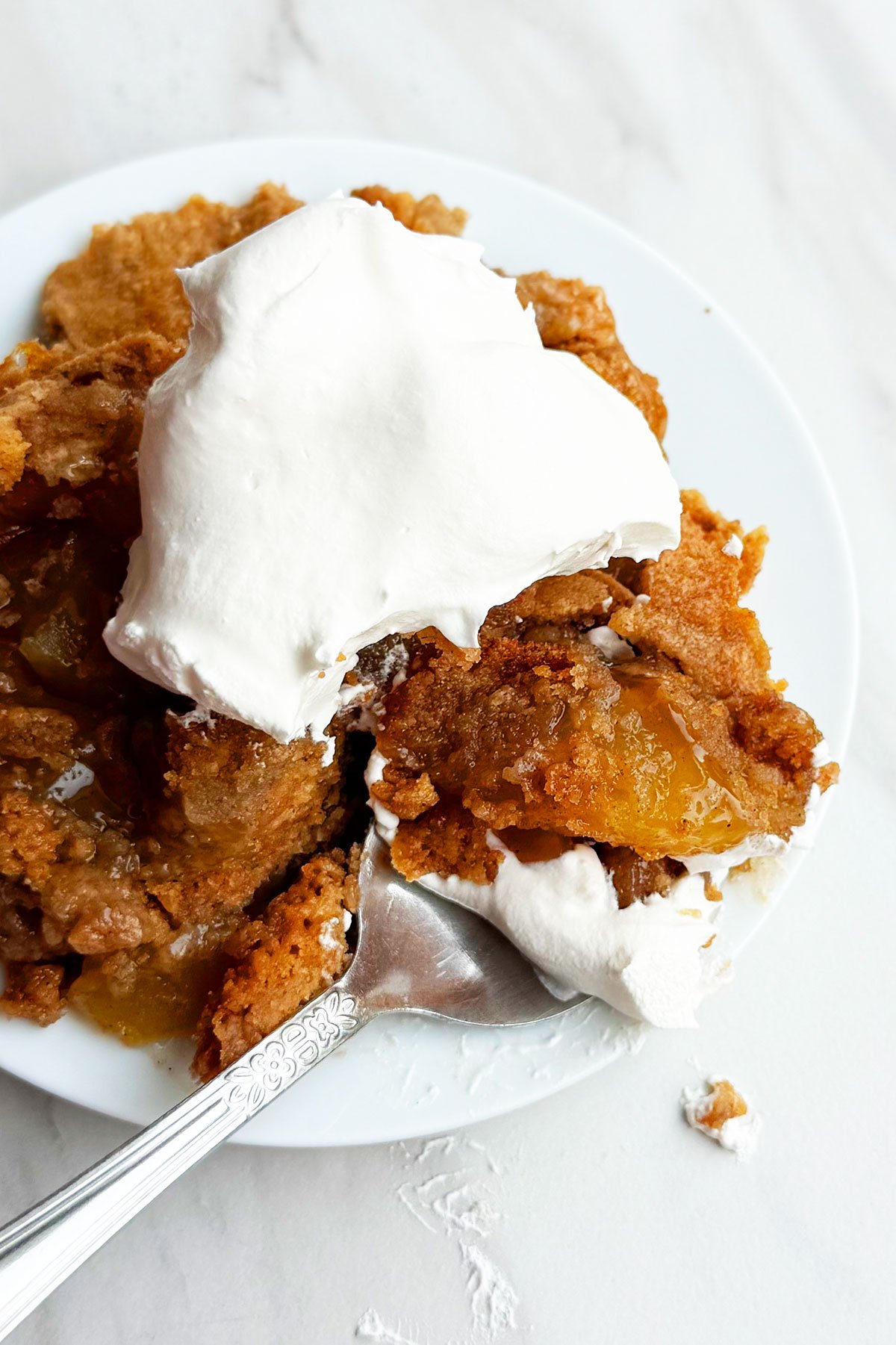 Closeup Shot of Spoonful of Cake With Whipped Cream. 