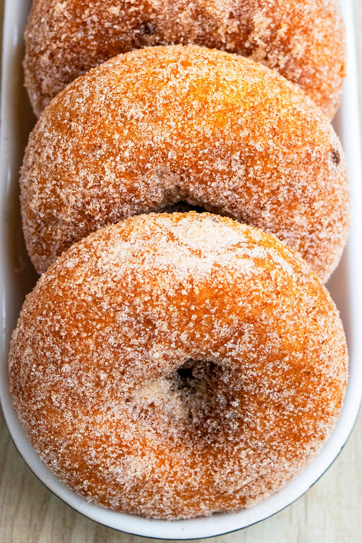 Spiced Donuts on Black and White Dish- Overhead Shot. 