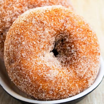 Best Easy Homemade Baked Apple Cider Donuts on Black and White Dish.