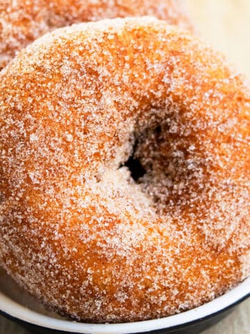 Best Easy Homemade Baked Apple Cider Donuts on Black and White Dish.