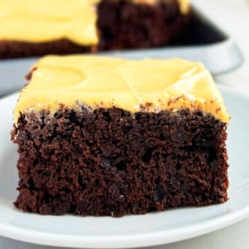 Slice of Easy Chocolate Pumpkin Cake With Pumpkin Cream Cheese Frosting on White Dish.