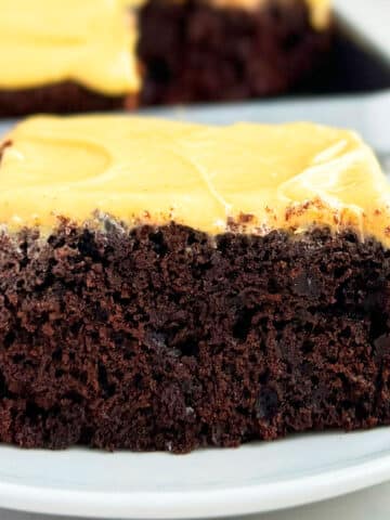 Slice of Easy Chocolate Pumpkin Cake With Pumpkin Cream Cheese Frosting on White Dish.