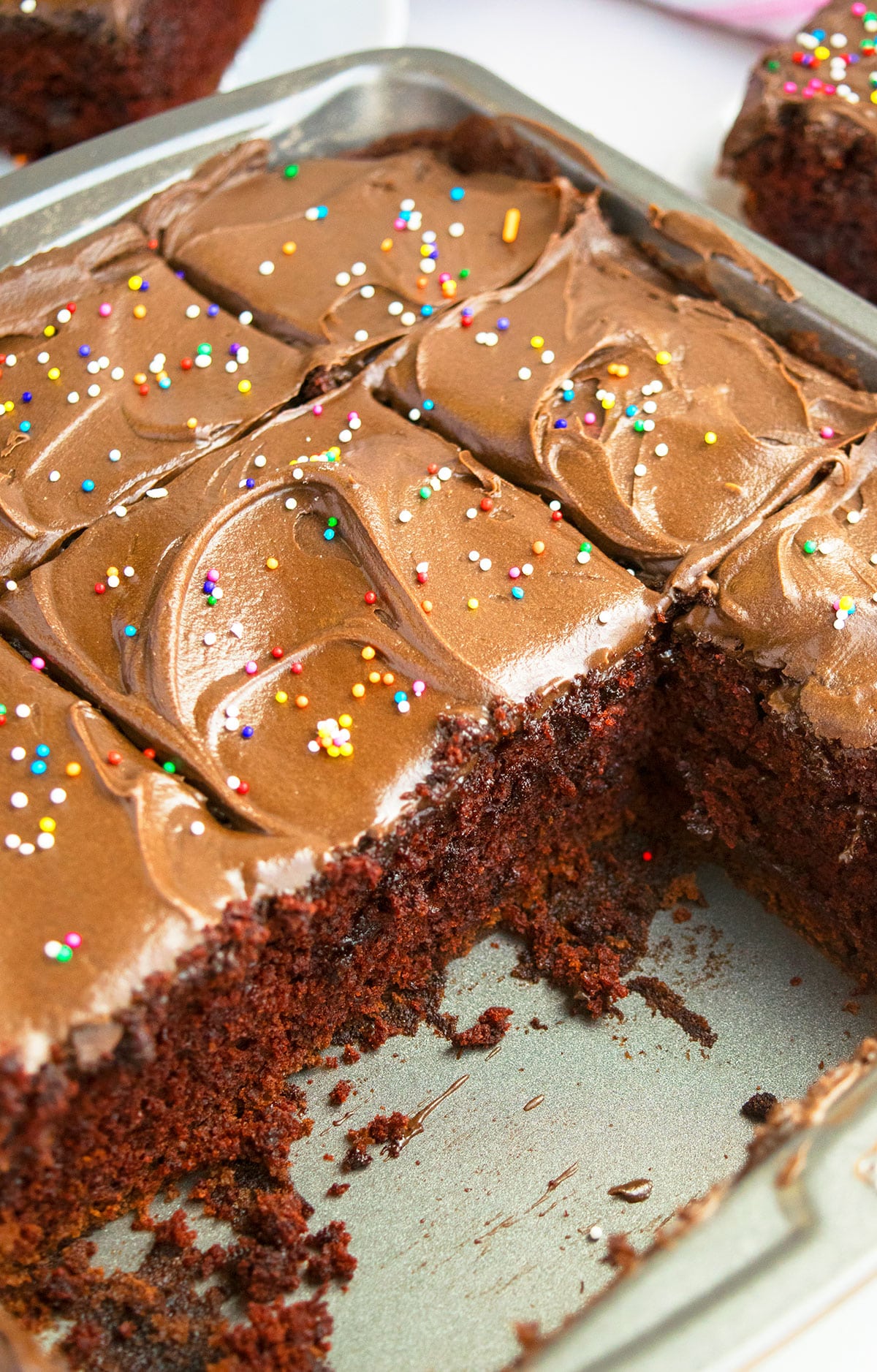 Crazy Wacky Cake Sliced  into Squares in Square Pan. 