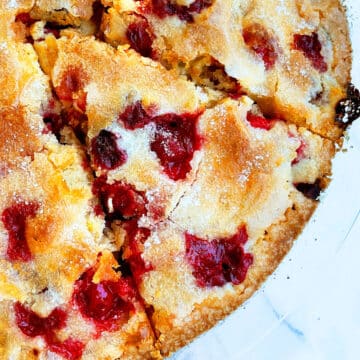 Easy Crustless Cranberry Pie in Glass Dish.