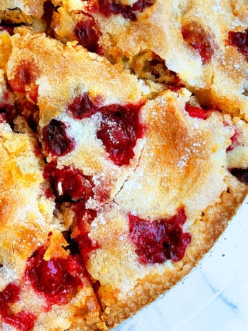 Easy Crustless Cranberry Pie in Glass Dish.