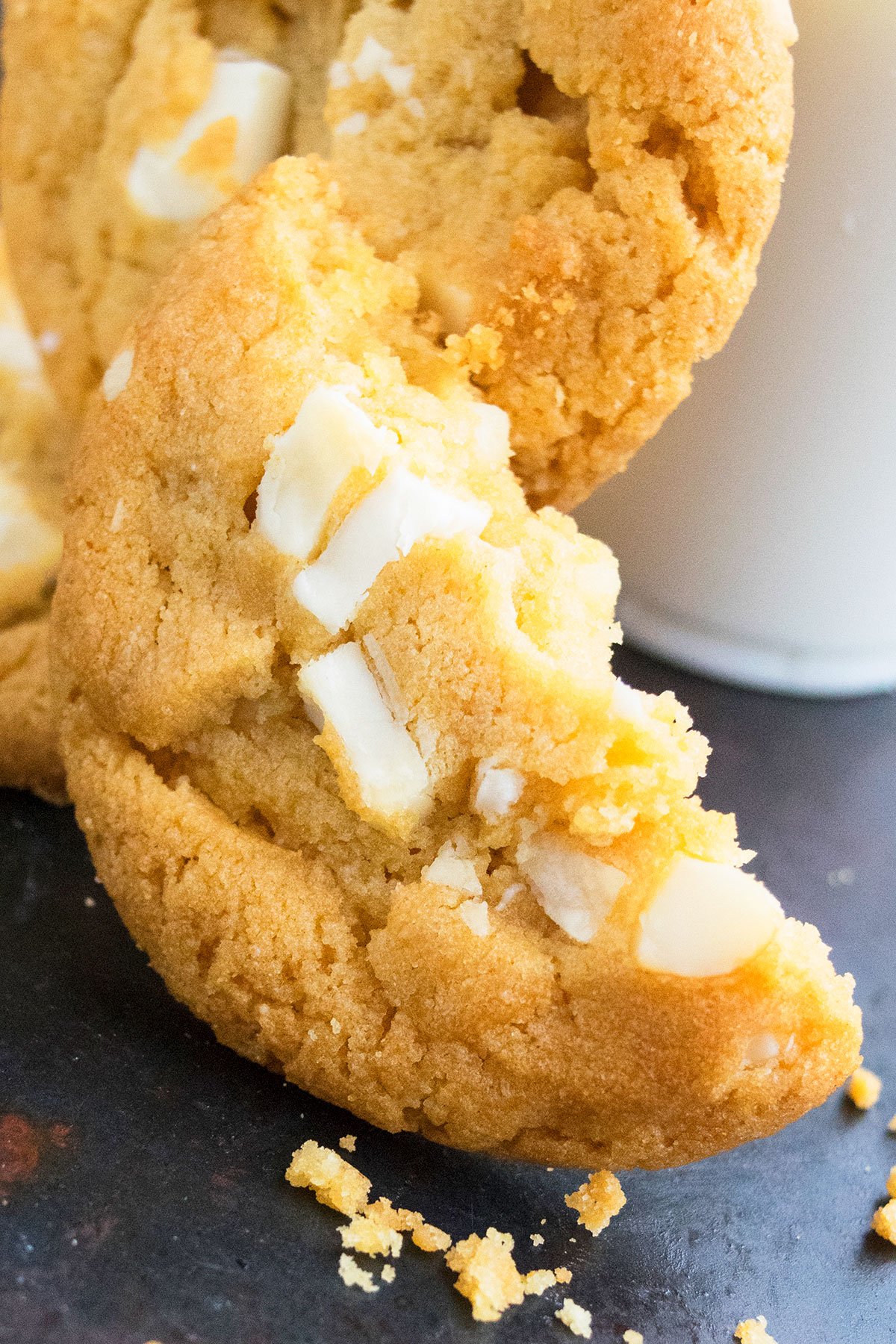 Closeup Shot of Half s Cookie With White Chocolate Chunks. 