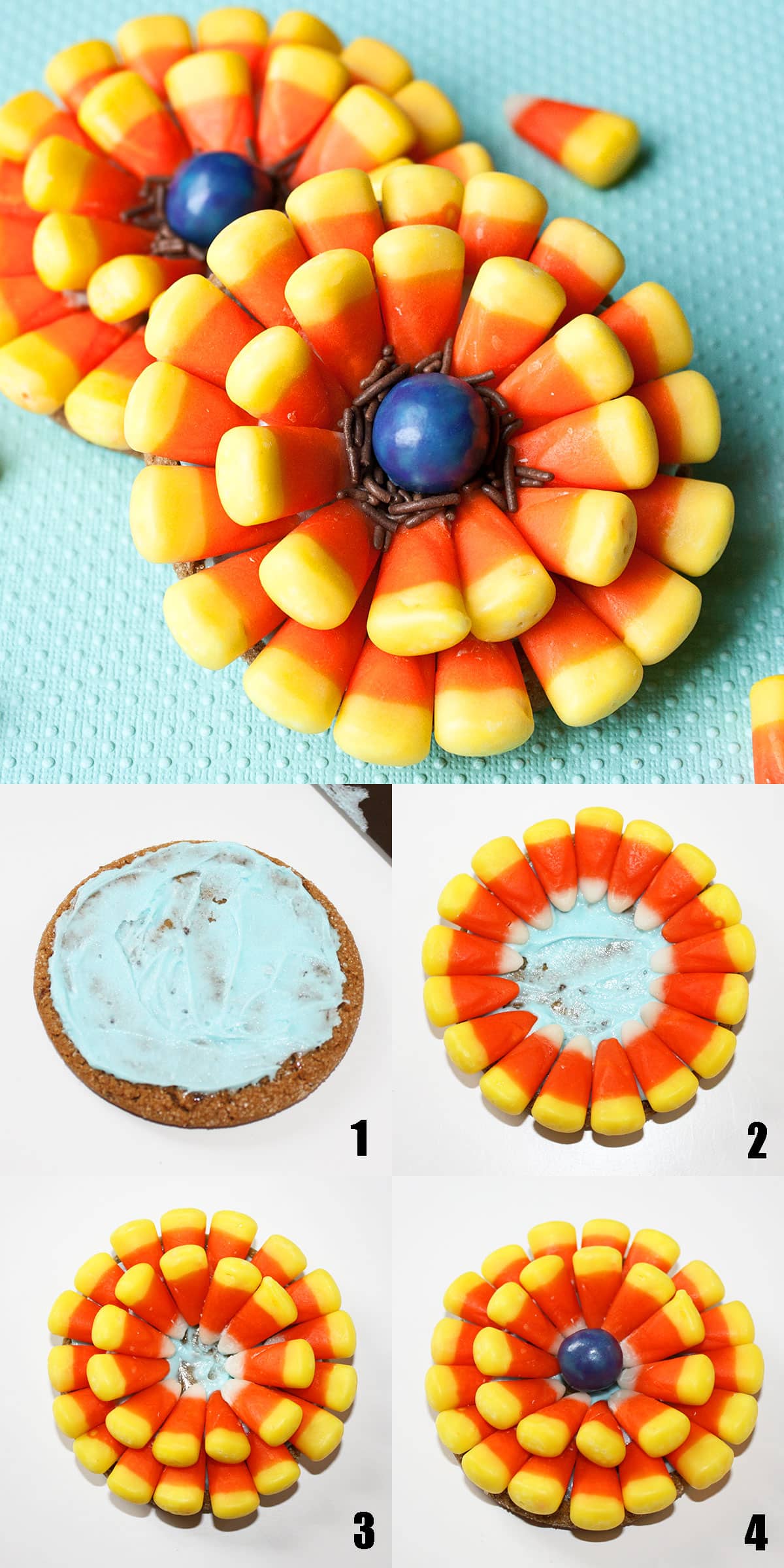 Candy Corn Cookies on Light Blue Background With Step by Step Process Shots. 