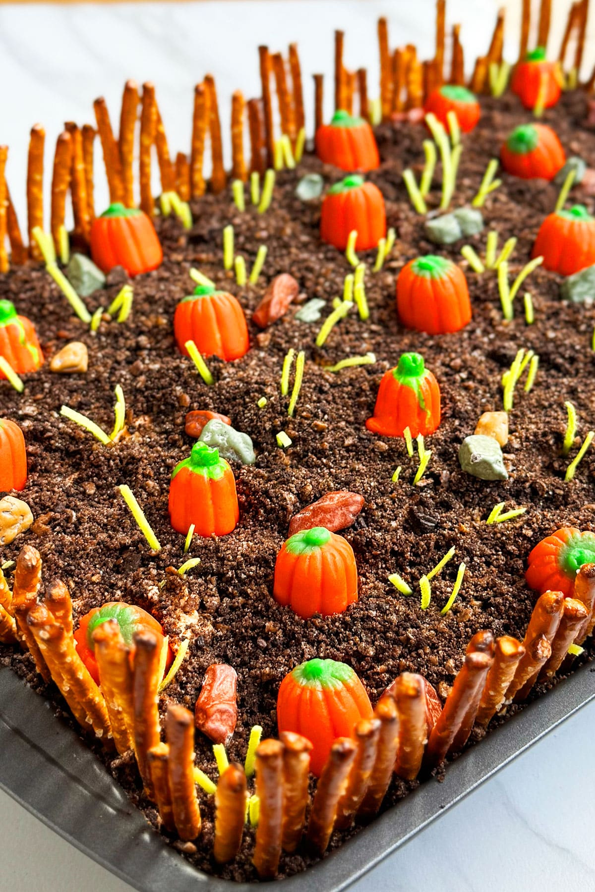 Closeup shot of edible decoration of a Fall/ Thanksgiving cake. 