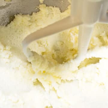 Butter and sugar creamed together in mixing bowl. 