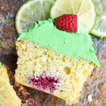 Baked cupcake sliced in half. 