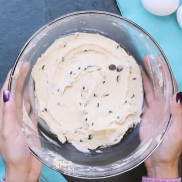 Smooth combined cookie dough in mixing bowl. 