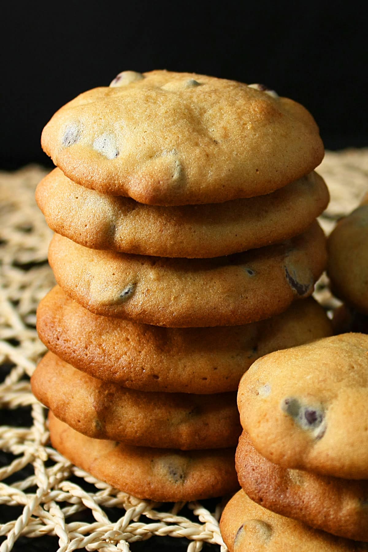 Stack of Easy Soft Banana Chocolate Chip Cookies With Black Background. 