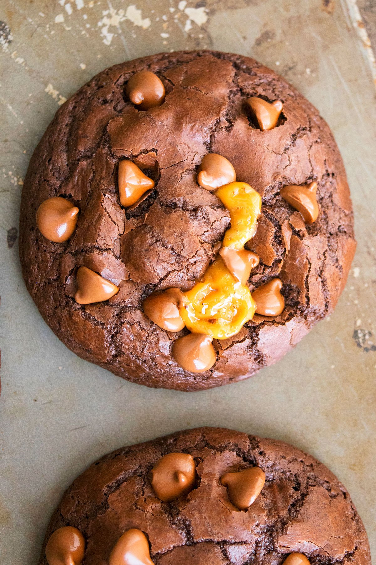 Easy Caramel Cookies With Chocolate Chips on Baking Tray- Overhead Shot.