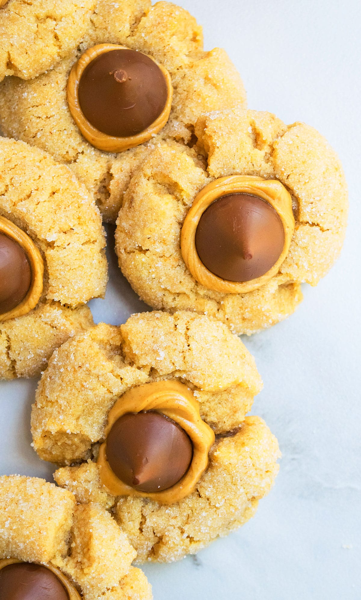 Peanut Butter Thumbprint Cookies Filled With Peanut Butter and Chocolate Kiss on White Marble Background. 