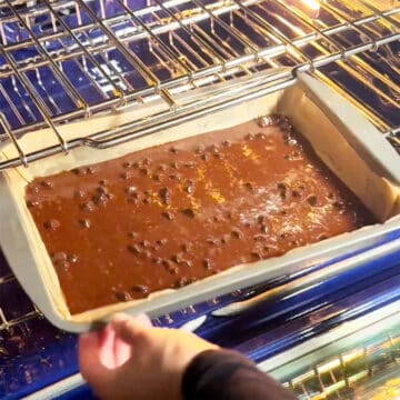 Brownie being baked in oven. 