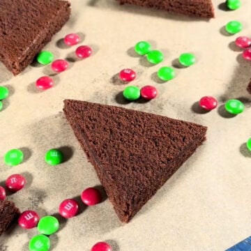 Triangle slice of brownie on brown parchment paper. 