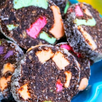 Classic No Bake Church Window Cookies on Blue Dish.