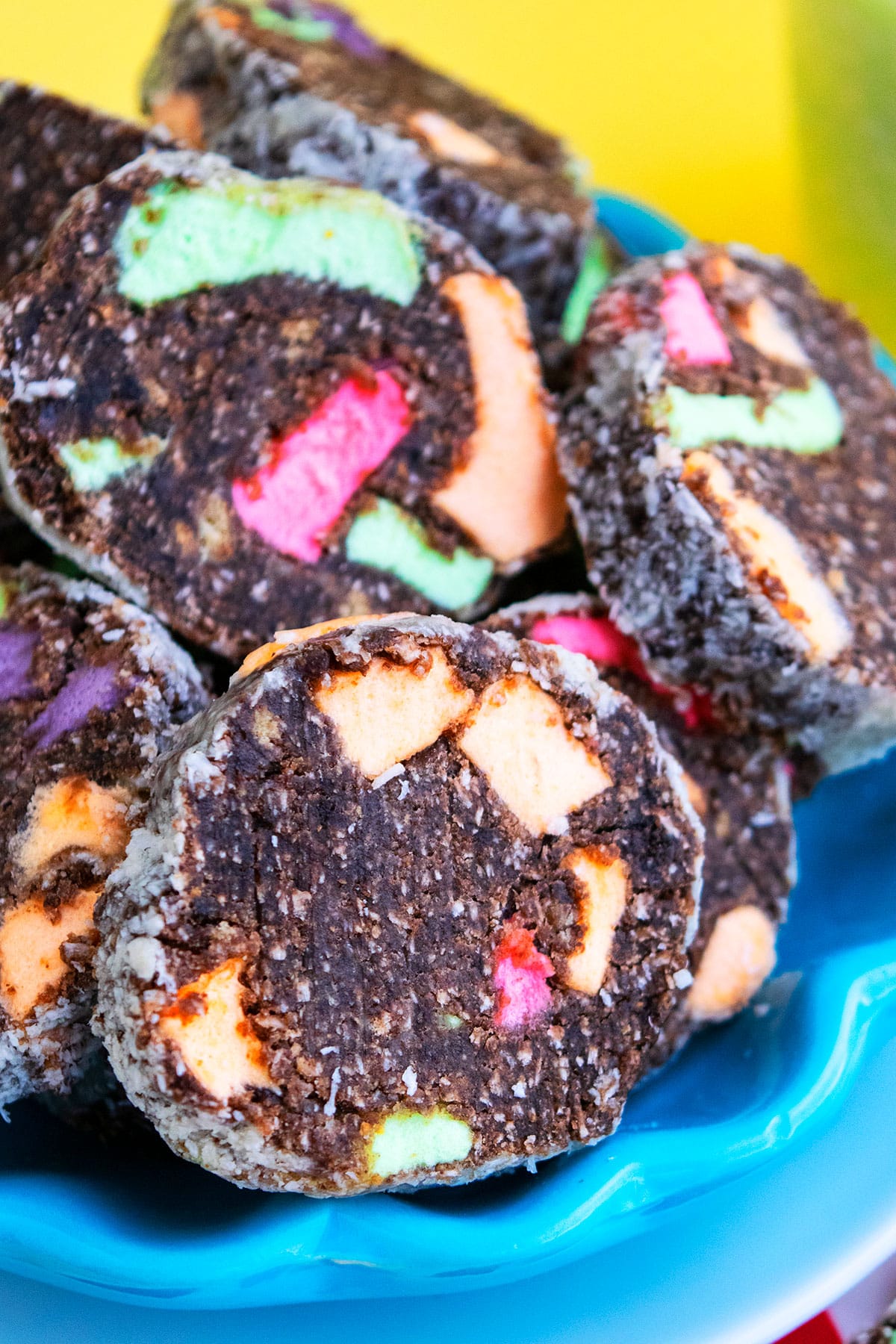 Classic No Bake Church Window Cookies on Blue Dish. 