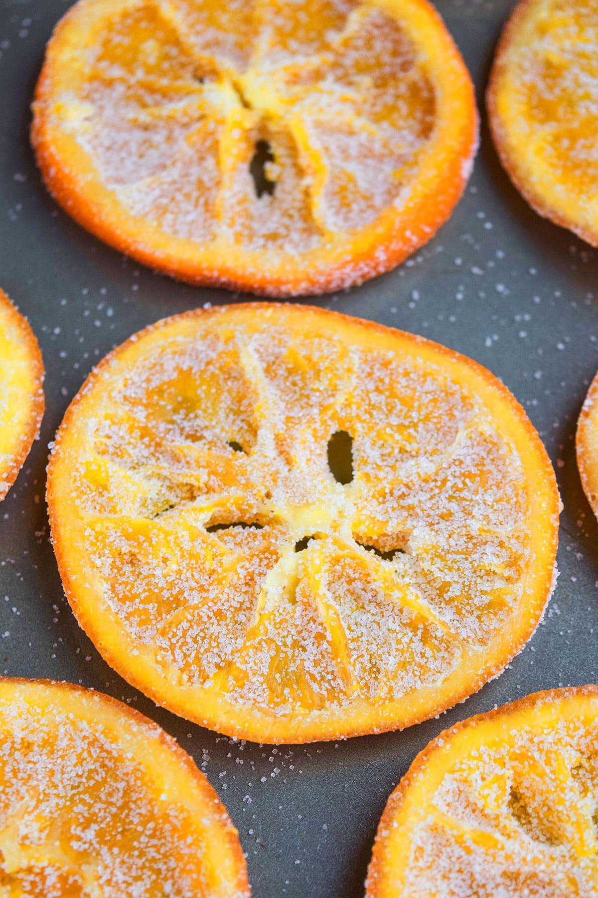 Candied Orange Slices on Gray Tray. 