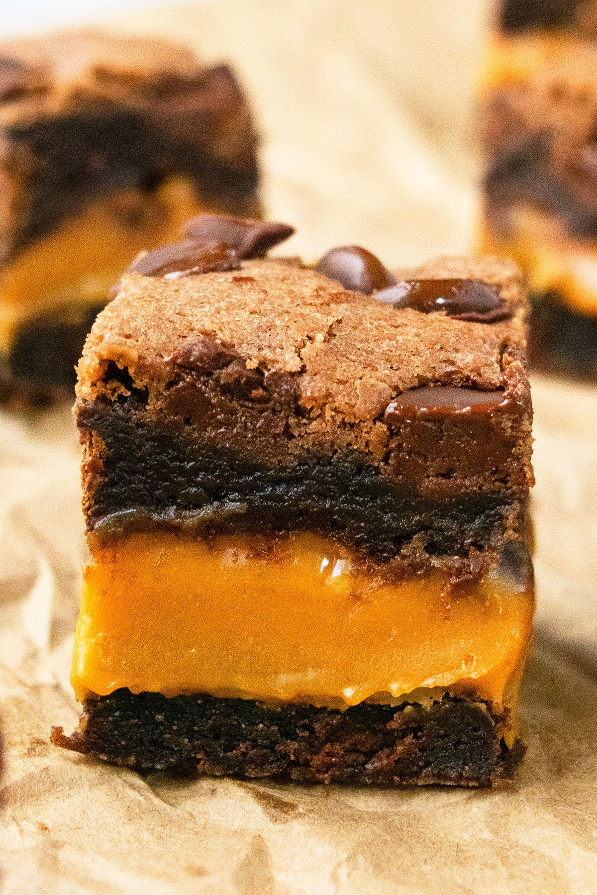 Slice of Fudgy Brownie on Brown Parchment Paper. 