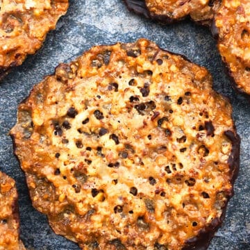 Easy Oatmeal Lace Cookies With Chocolate on Rustic Gray Background.