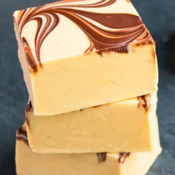 Stack of Slices of Easy Chocolate Peanut Butter Fudge (Tiger Fudge) on Dark Gray Background.