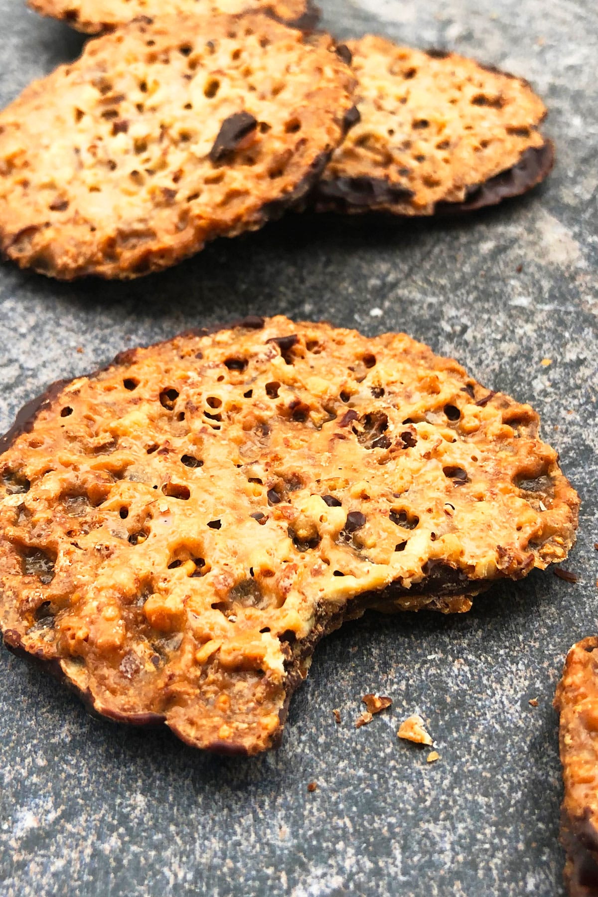 Partially Eaten Thin Cookie on Rustic Gray Background. 