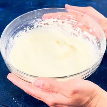 Buttercream in glass bowl. 