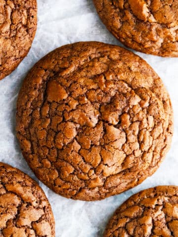 Easy Chocolate Brownie Cookies With Brownie Mix Box on Parchment Paper- Overhead Shot.