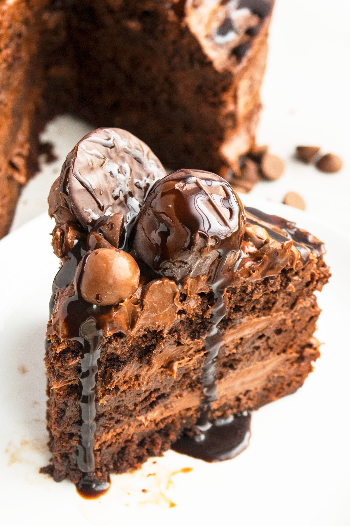 Slice of Easy Chocolate Brownie Cake on White Dish. 