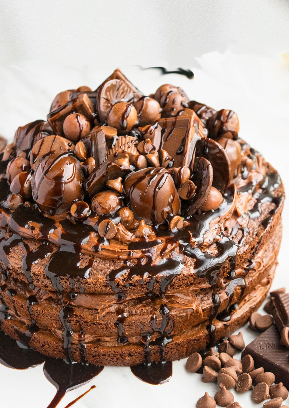 Fudgy Chocolate Layer Cake With Chocolate Decorations on White Dish. 