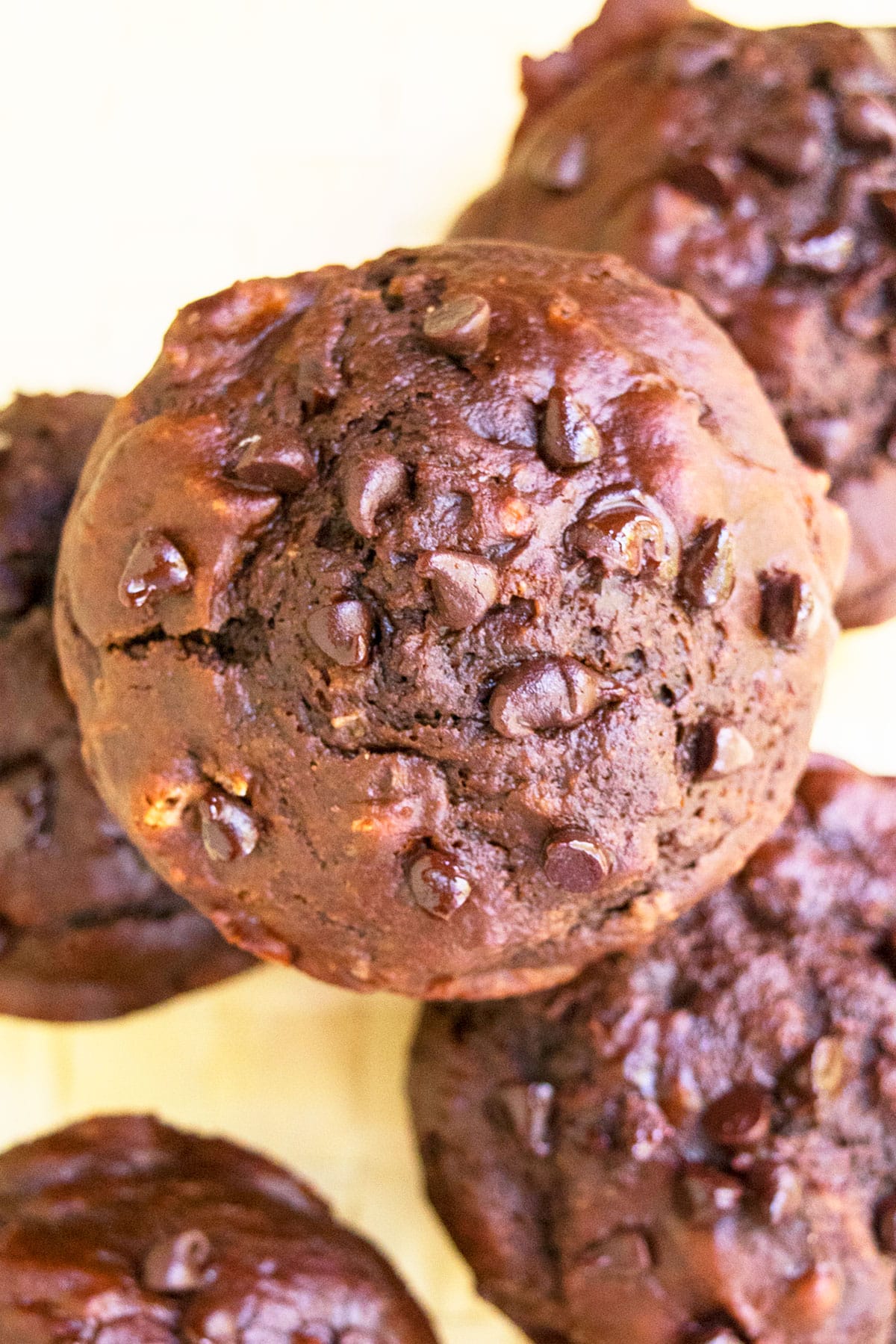 Overhead Shot of Stack of Double Chocolate Muffins With Chocolate Chips. 