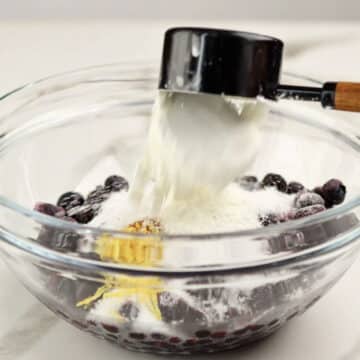 Bowl of blueberries, sugar, lemon zest, cinnamon and cornstarch.