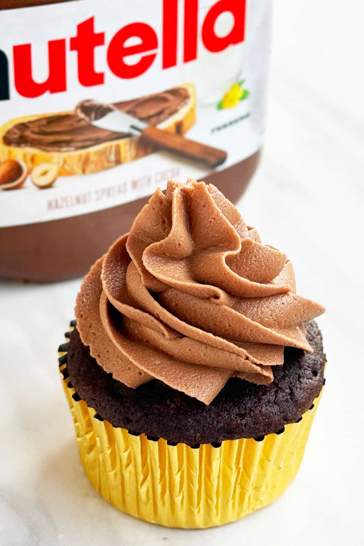 Easy Nutella Cupcakes With Cake Mix Topped With Swirl of Chocolate Hazelnut Buttercream.
