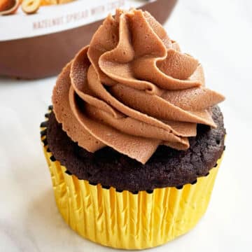Easy Nutella Cupcakes With Cake Mix Box Topped With Swirl of Chocolate Hazelnut Buttercream.